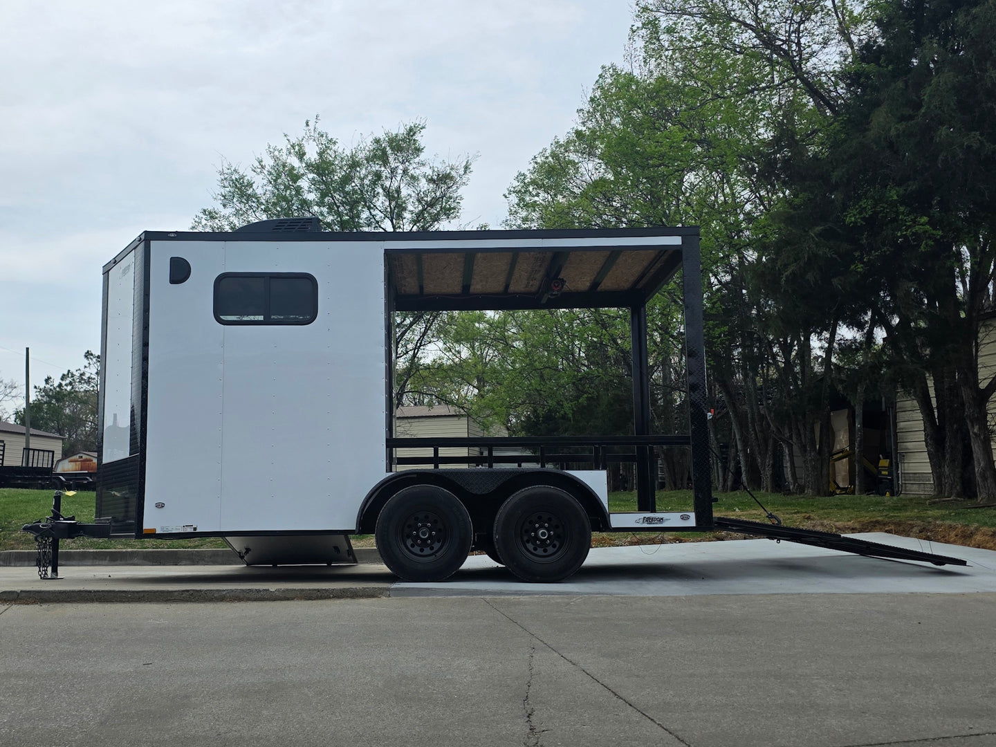7x14 White Custom Enclosed Trailer with 6' Gate Open right-side picture 