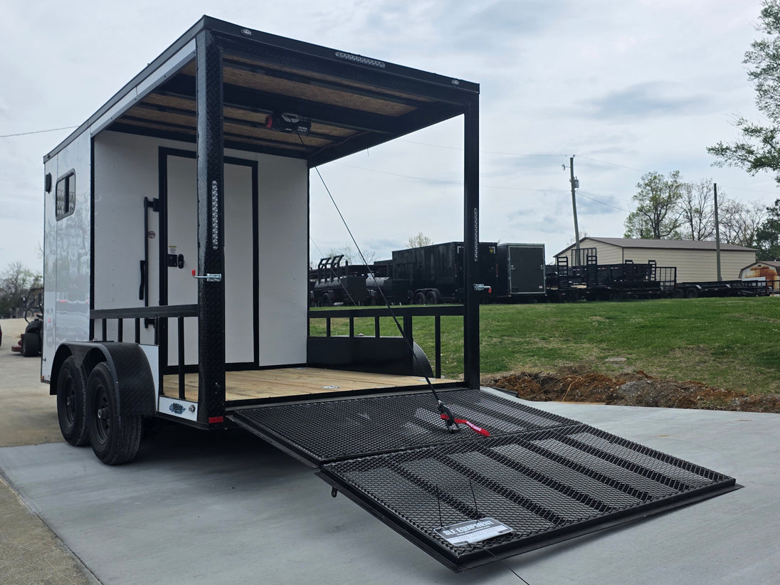 7x14 White Custom Enclosed Trailer with 6' Gate Open back left angle picture 