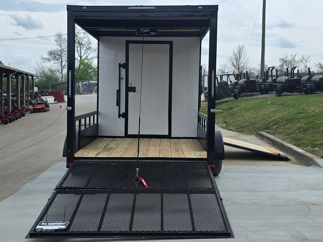 7x14 White Custom Enclosed Trailer with 6' Gate Open back side picture 