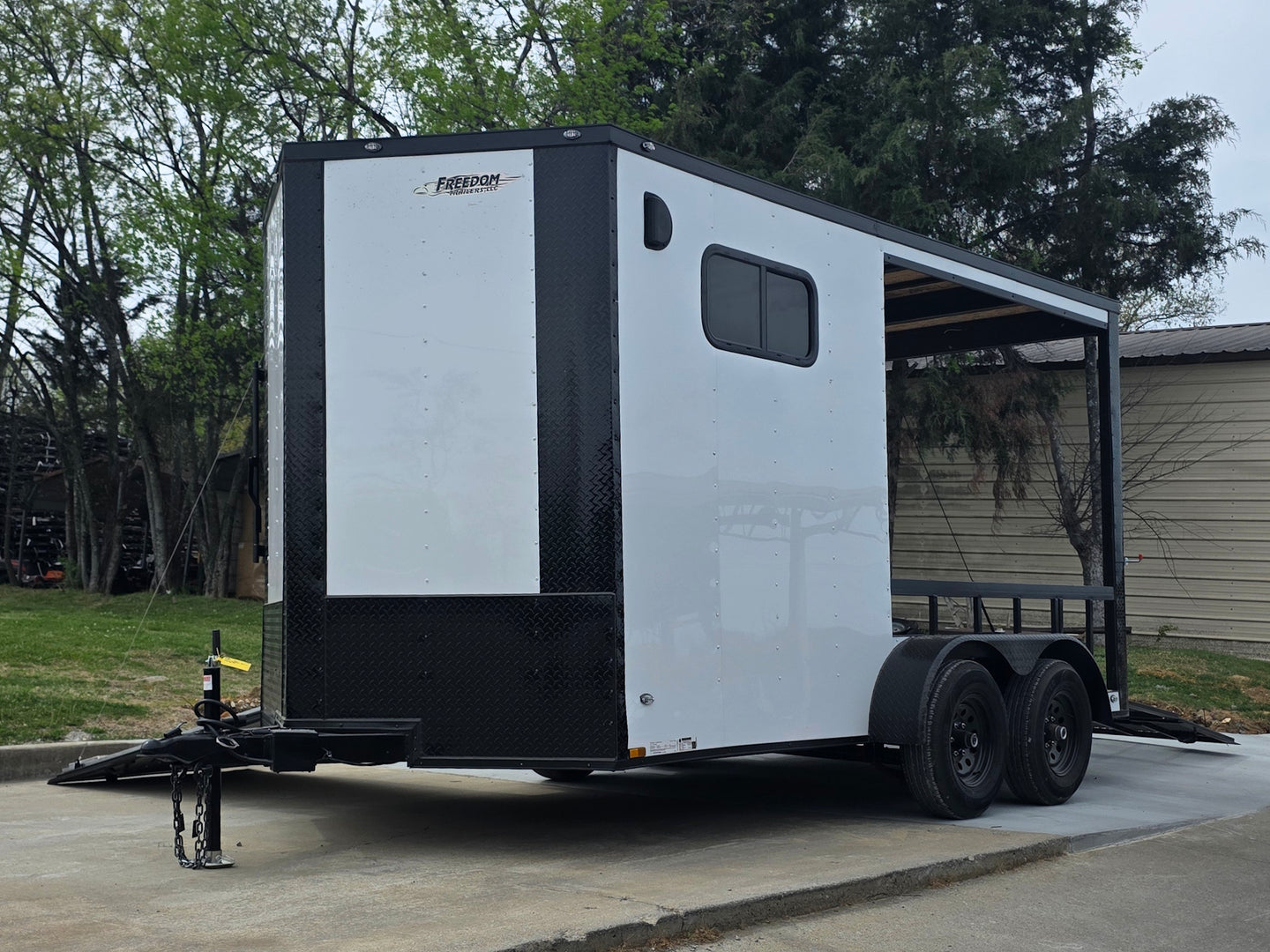 7x14 White Custom Enclosed Trailer with 6' Gate Open right angle picture 
