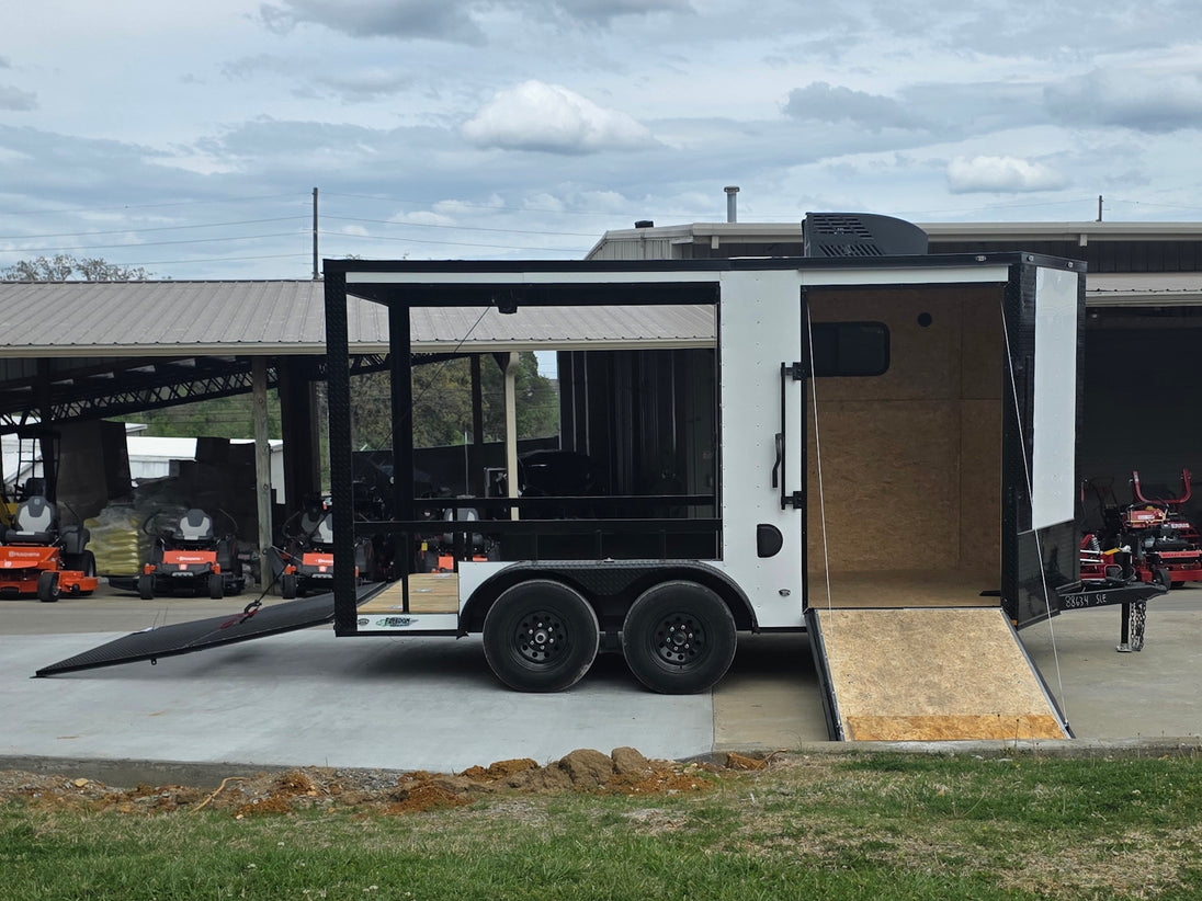 7x14 White Custom Enclosed Trailer with 6' Gate Open left side picture 
