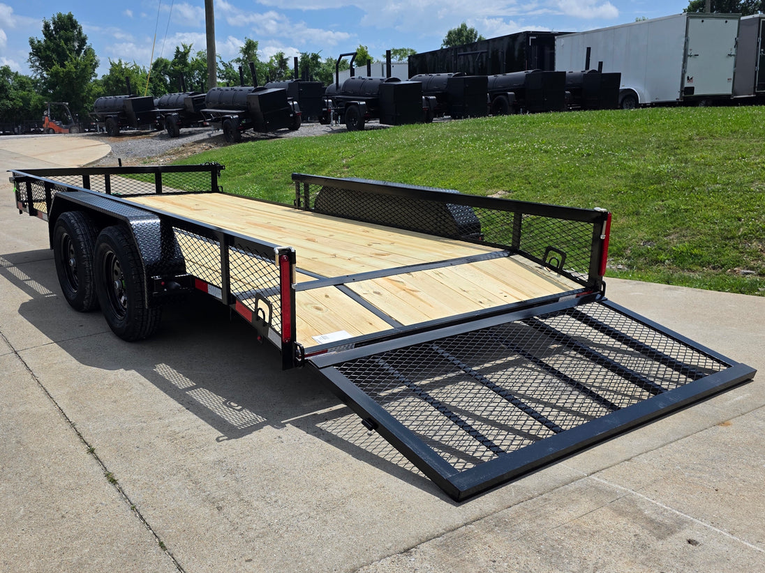 7x16 Dovetail Utility Trailer with 1FT Mesh Side Gate (2) 3500lb Axle 7k GVWR Open back left angle picture 