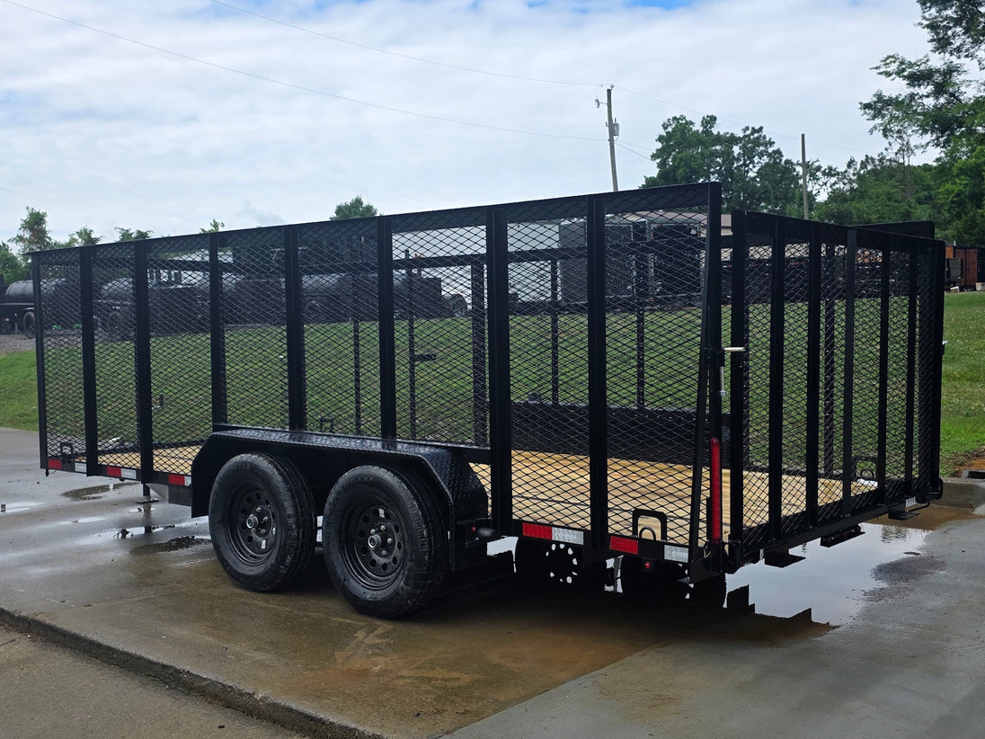 7x16 Powder Coated Straight Deck Utility Trailer with 4.5ft Mesh Sides (2) 3500lb Axles Back left angle picture 