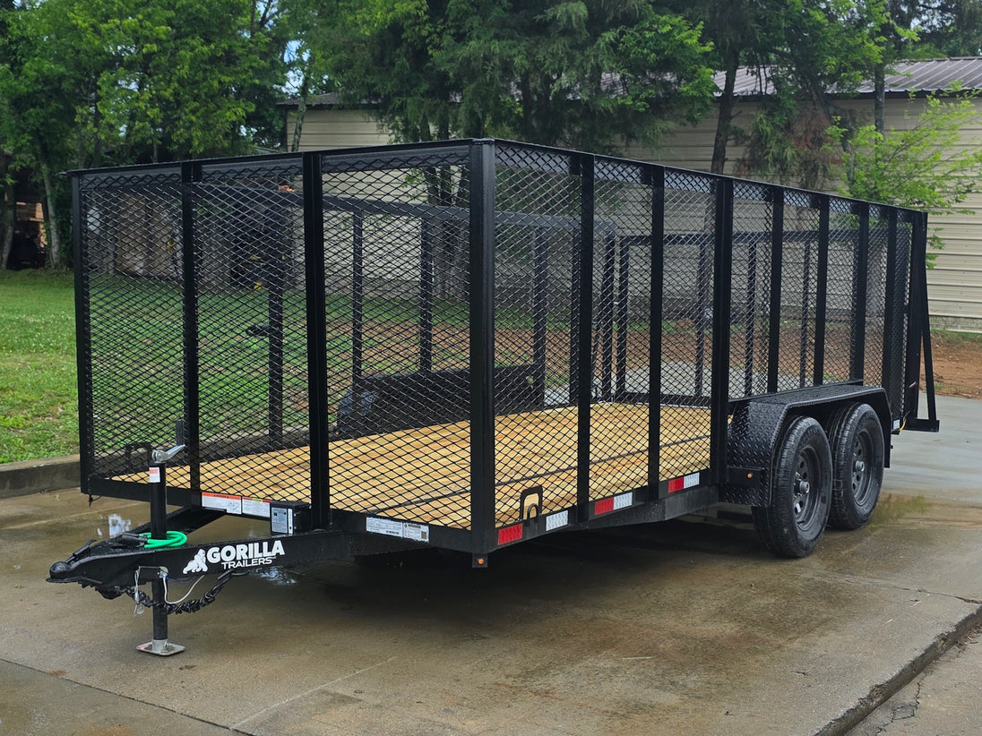 7x16 Powder Coated Straight Deck Utility Trailer with 4.5ft Mesh Sides (2) 3500lb Axles Front right angle picture 