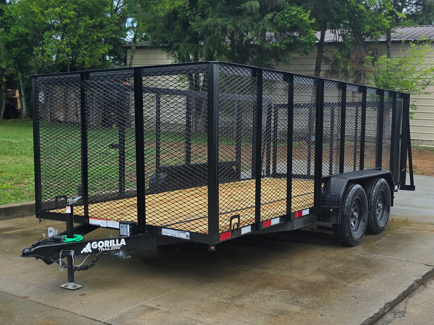 7x16 Powder Coated Straight Deck Utility Trailer with 4.5ft Mesh Sides (2) 3500lb Axles Front right angle picture 