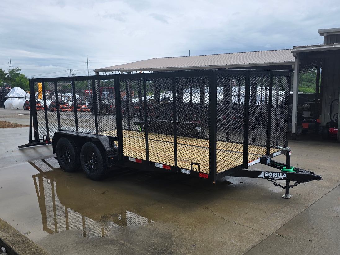 7x16 Powder Coated Straight Deck Utility Trailer with 4.5ft Mesh Sides (2) 3500lb Axles Open front left angle picture 