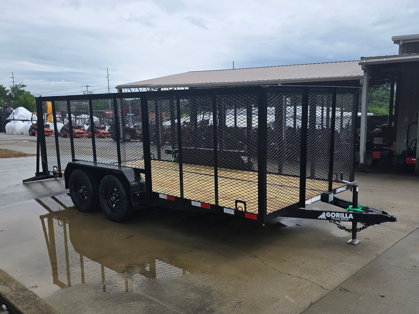7x16 Powder Coated Straight Deck Utility Trailer with 4.5ft Mesh Sides (2) 3500lb Axles Open front left angle picture 