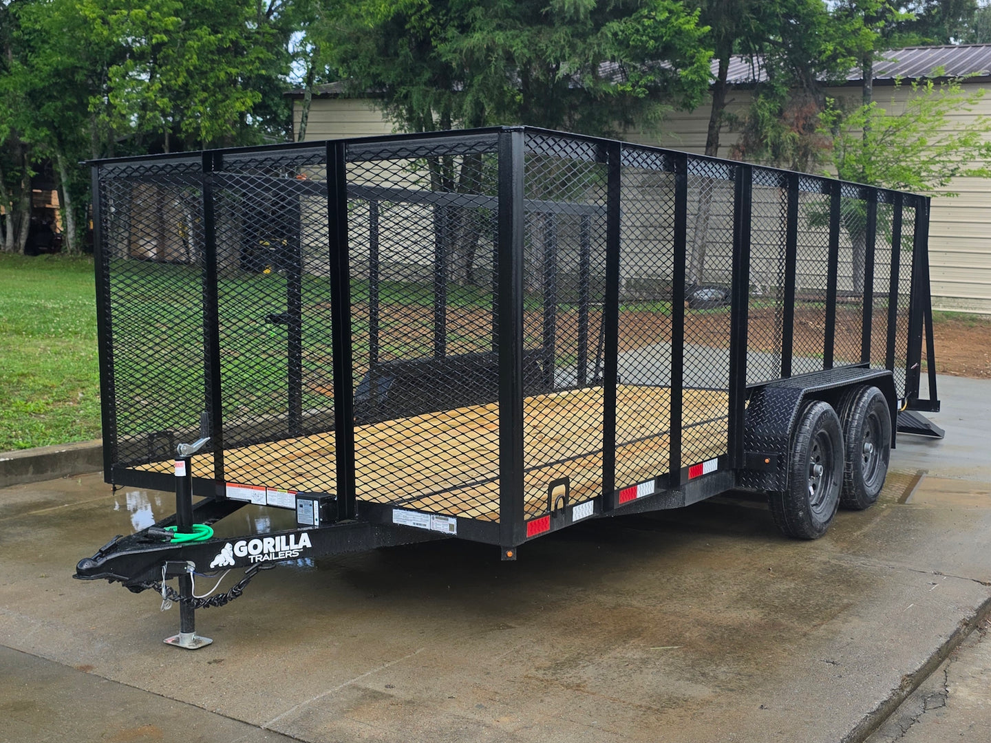 7x16 Powder Coated Straight Deck Utility Trailer with 4.5ft Mesh Sides (2) 3500lb Axles Open front right angle picture 