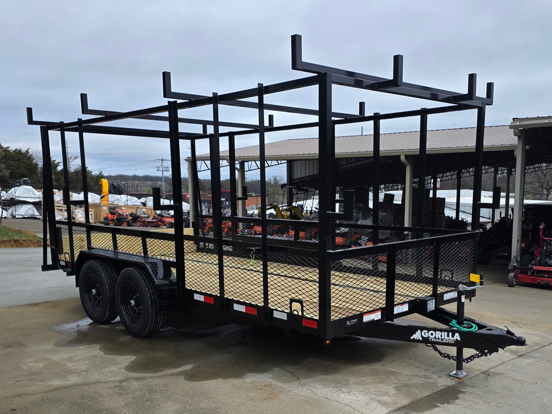 7x16 Straight Deck (2) 5200lb axles 2ft mesh 6ft ladder racks Front left angle picture 