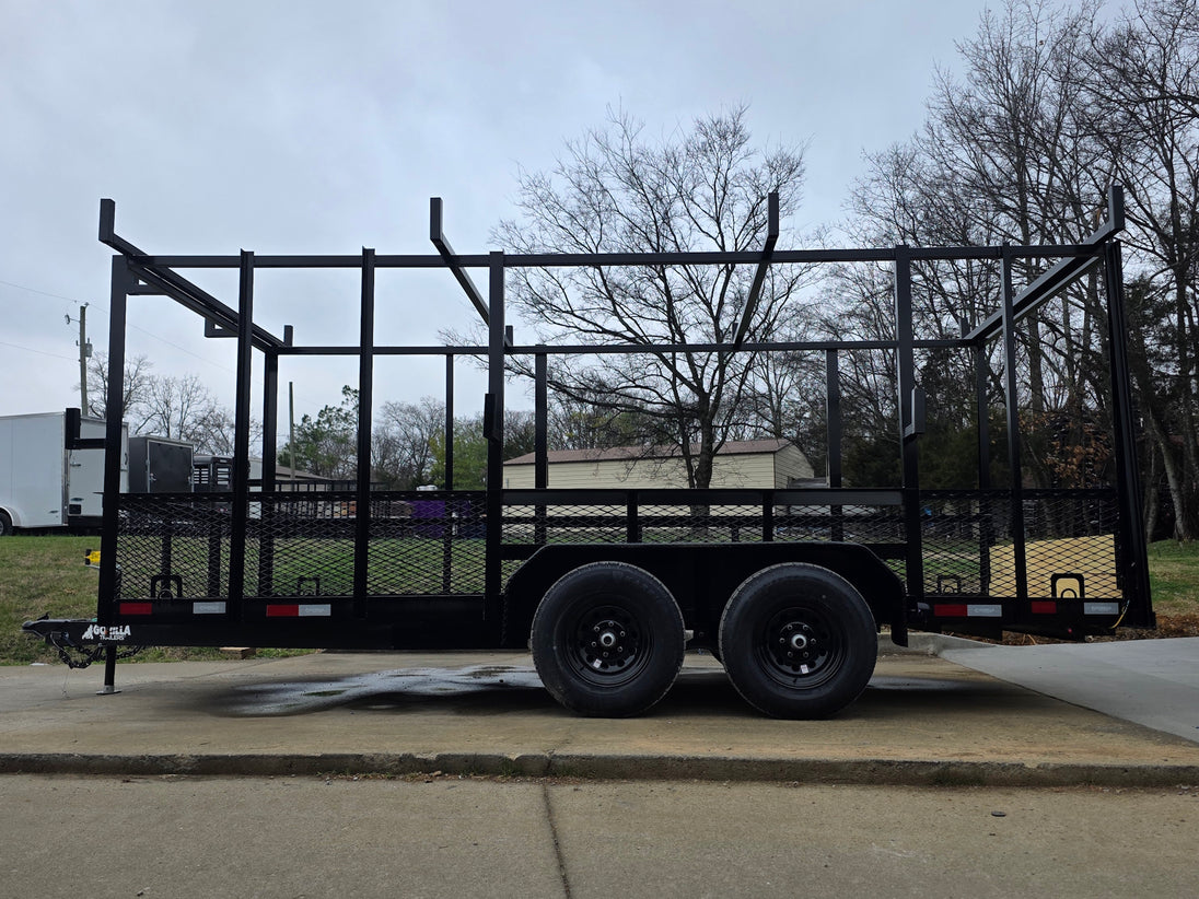 7x16 Straight Deck (2) 5200lb axles 2ft mesh 6ft ladder racks Right side picture 