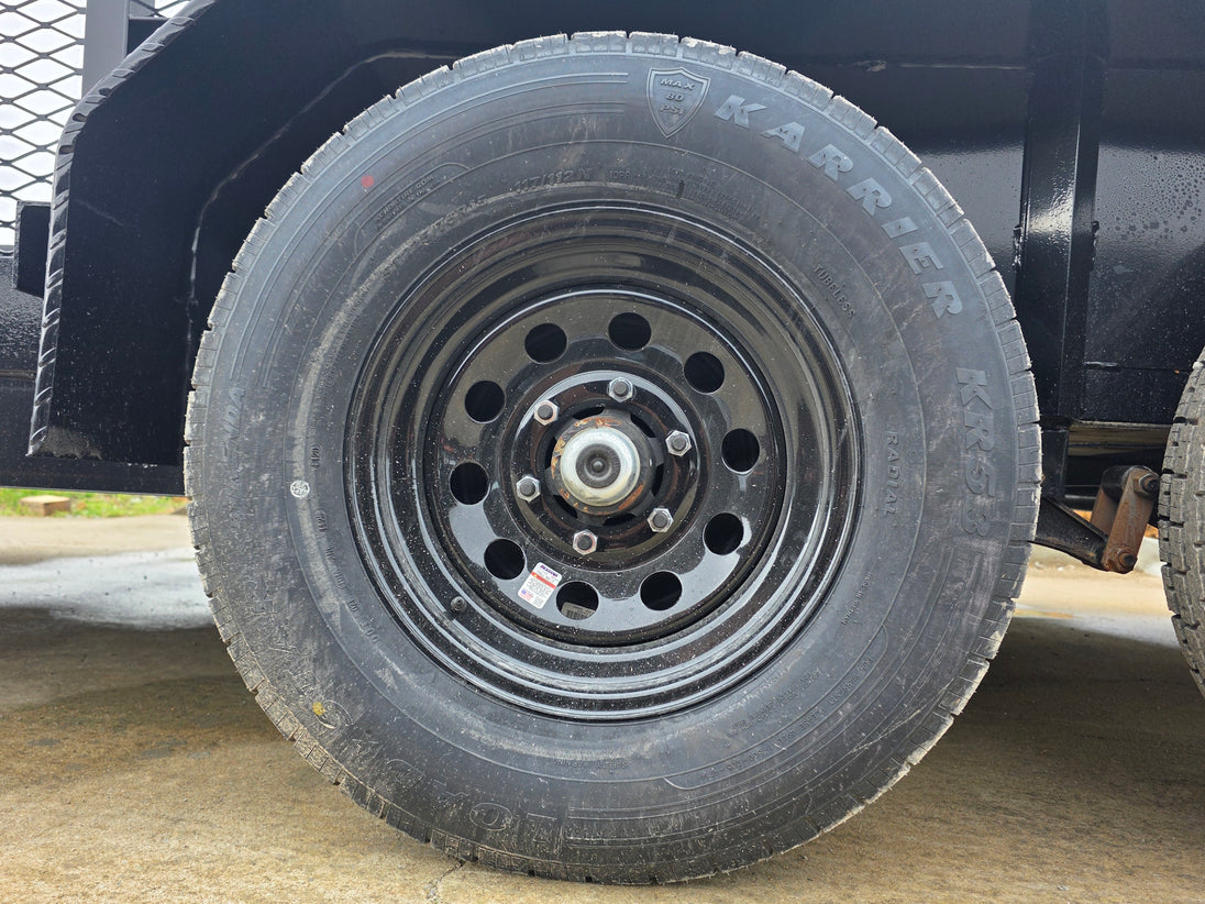 7x16 Straight Deck (2) 5200lb axles 2ft mesh 6ft ladder racks Tire picture 