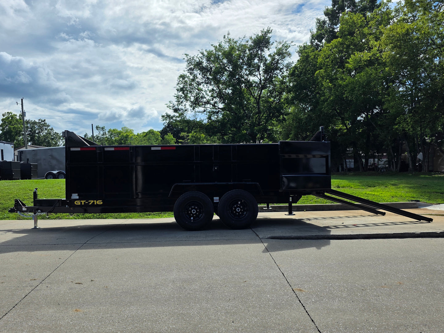 7x16 Telescopic Dump Trailer with 3ft Sides Powder Coated (2) 7K Axles GVWR 14k Open right-side view