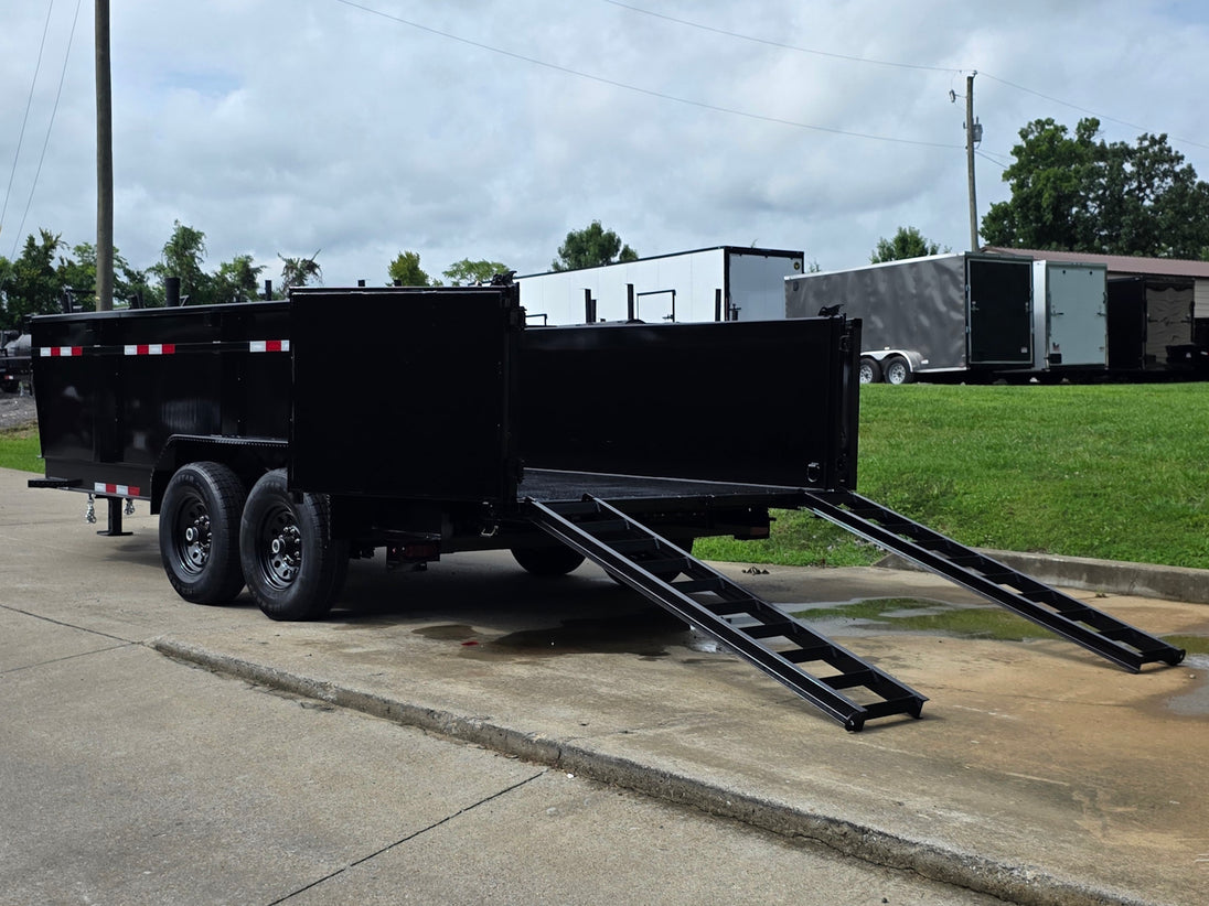 7x16 Telescopic IBeam Dump Trailer with 3ft Sides (2) 7K Axles 14k GVWR Open back left angle picture 