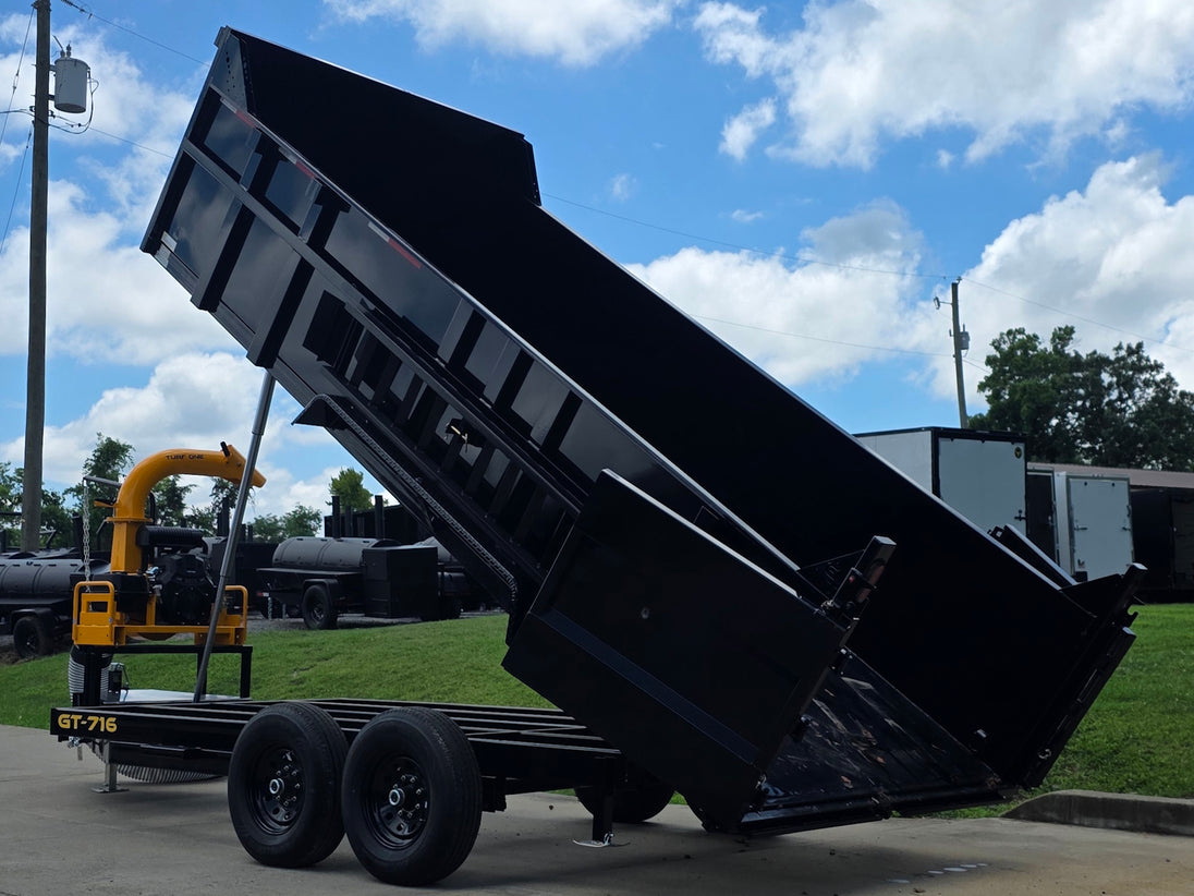 7x16x3 Gorilla Telescopic Leaf Dump Trailer System With 21hp Leaf Debris Loader Lifted back left angle picture 