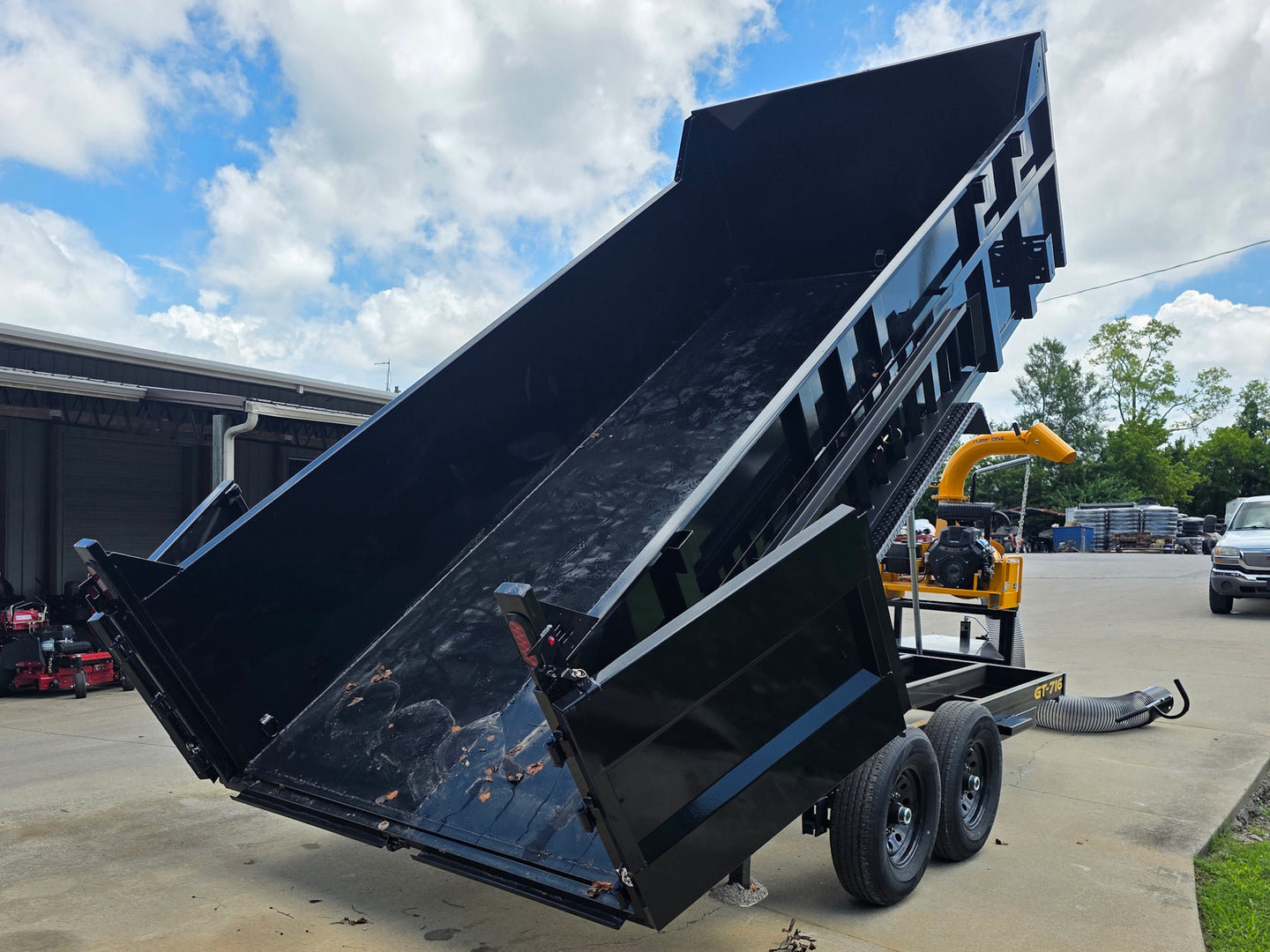 7x16x3 Gorilla Telescopic Leaf Dump Trailer System With 21hp Leaf Debris Loader Lifted back right angle Picture 