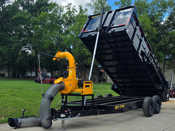 7x16x3 Gorilla Telescopic Leaf Dump Trailer System With 21hp Leaf Debris Loader Lifted front left angle picture 