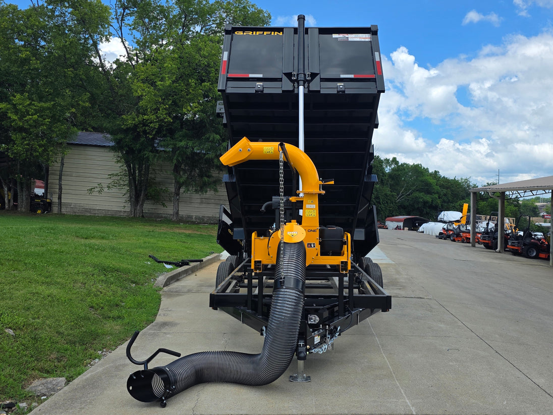 7x16x3 Gorilla Telescopic Leaf Dump Trailer System With 21hp Leaf Debris Loader Lifted front side picture 