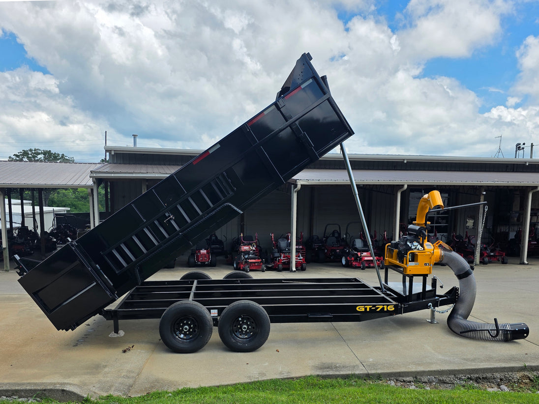 7x16x3 Gorilla Telescopic Leaf Dump Trailer System With 21hp Leaf Debris Loader Lifted left side picture 