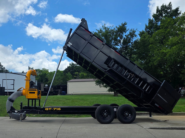 7x16x3 Gorilla Telescopic Leaf Dump Trailer System With 21hp Leaf Debris Loader Lifted right side picture