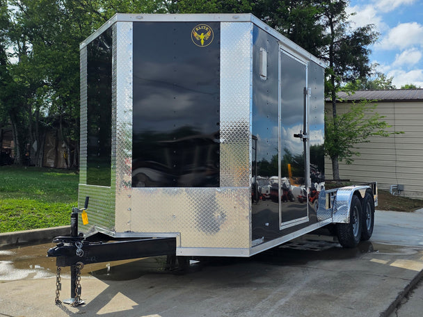 7x20 Black V-nose Hybrid Enclosed Trailer (2) 7K Axles Front right angle picture