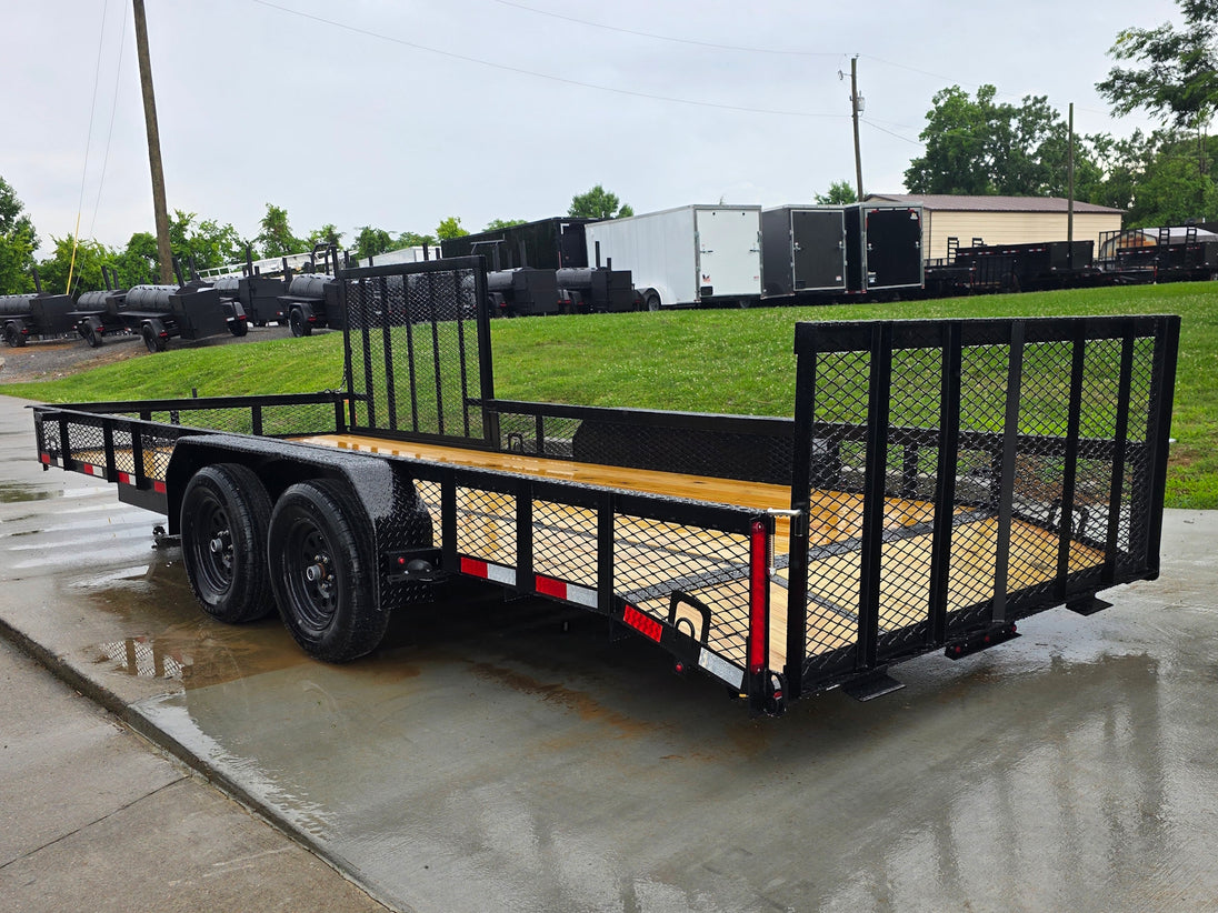 7x20 Dovetail Utility Trailer with 1ft Mesh Side Gate (2) 3,500lb Axles 7K GVWR Back left angle picture 