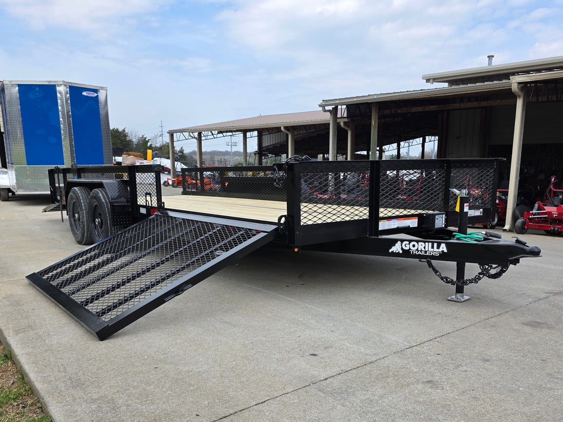 7x20 Powder Coated Utility Trailer with Side Gate and 18" Mesh (2) 5,200lb Axles Open front left angle picture 
