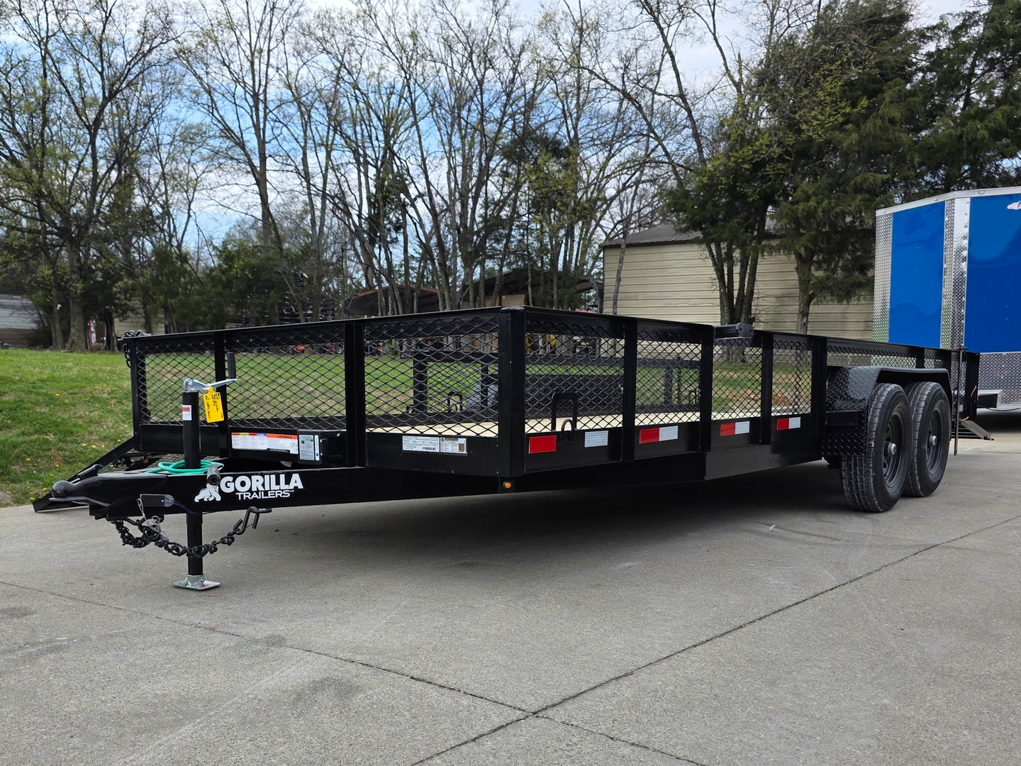 7x20 Powder Coated Utility Trailer with Side Gate and 18" Mesh (2) 5,200lb Axles Open front right angle view 