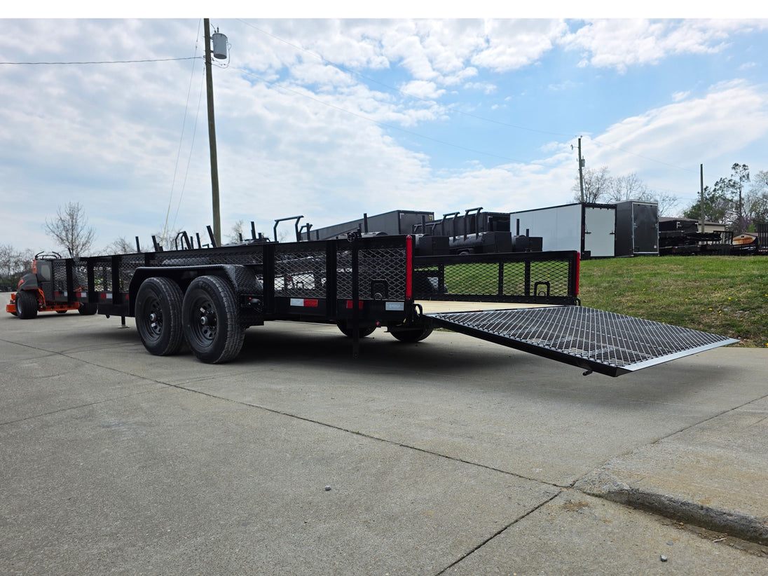 7x20 Powder Coated Utility Trailer with Side Gate and 18" Mesh (2) 5,200lb Axles  Open Back left angle picture 