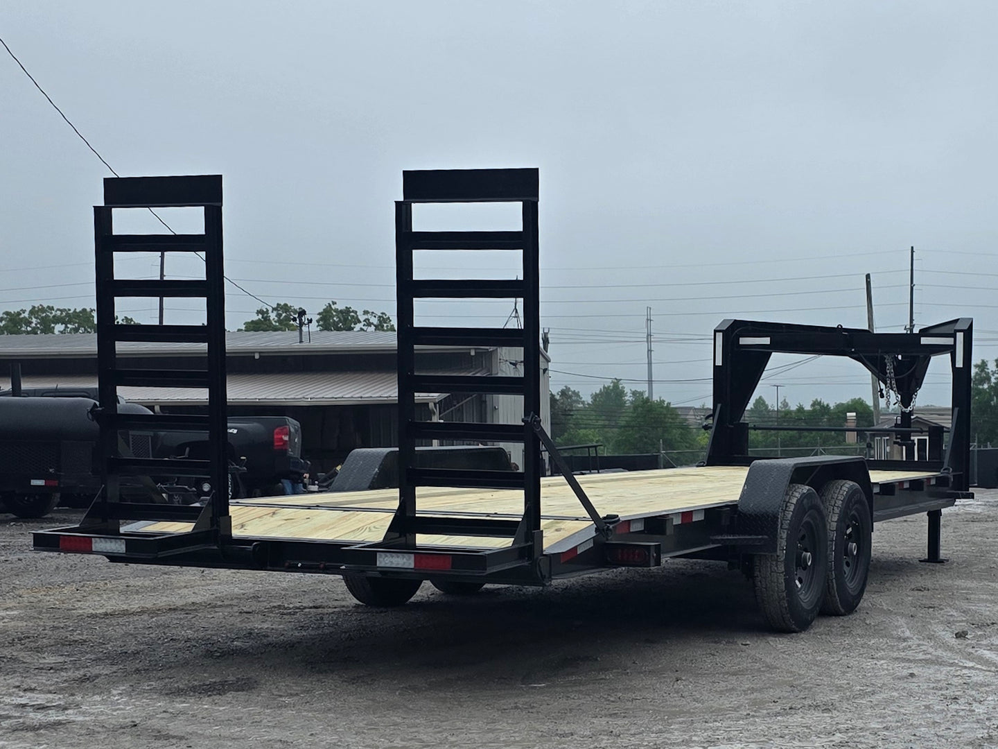 7x24 Gooseneck Equipment Trailer (2) 7K Axles Standup Ramps 14k GVWR Back right angle picture 