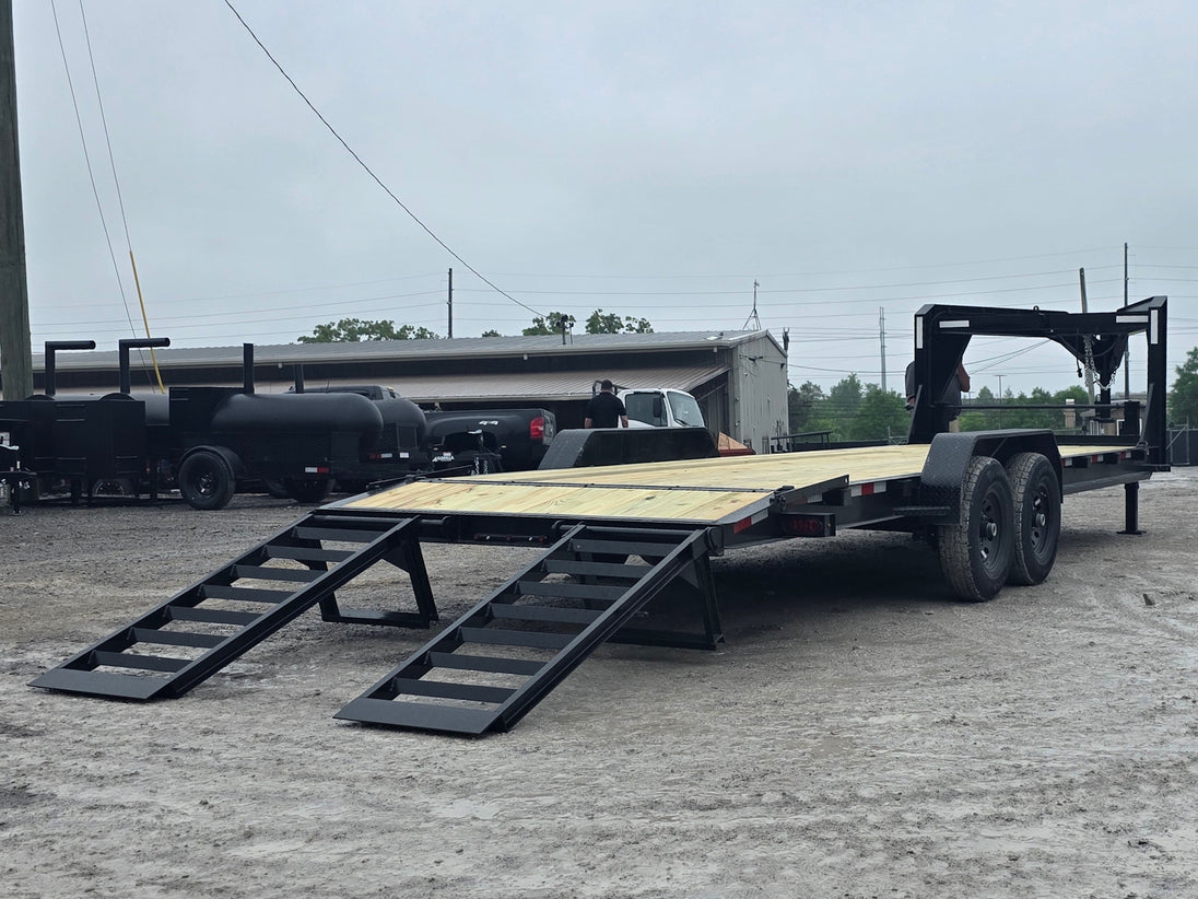 7x24 Gooseneck Equipment Trailer (2) 7K Axles Standup Ramps 14k GVWR Open back right-angle picture 
