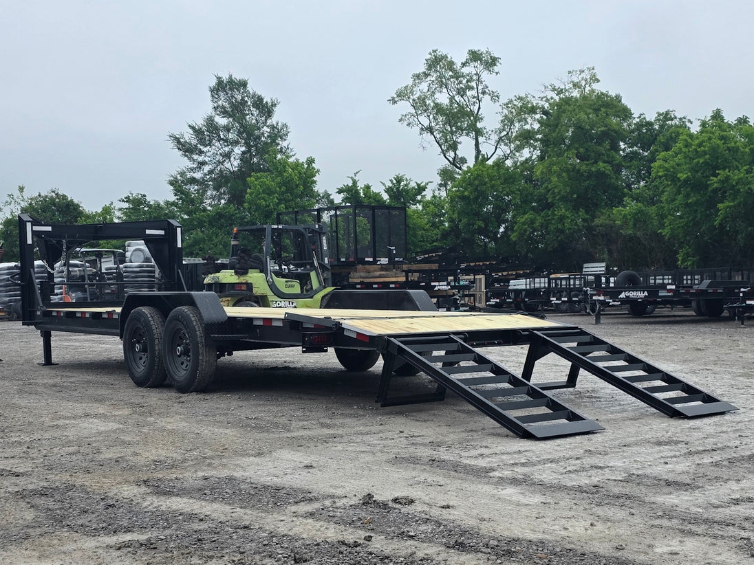 7x24 Gooseneck Equipment Trailer (2) 7K Axles Standup Ramps 14k GVWR Open back left angle picture 