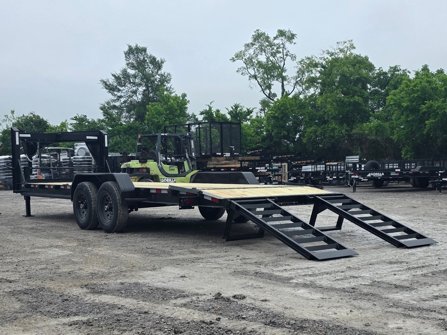 7x24 Gooseneck Equipment Trailer (2) 7K Axles Standup Ramps 14k GVWR Open back left angle picture 