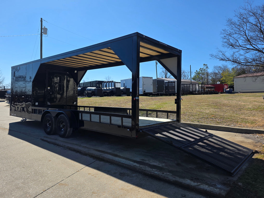 7x26_Black_Hybrid_Enclosed_and_Utility_Trailer_2_5200lb_Axles_10K_GVWR_back_left_angled_picture_with_ramp_down_6