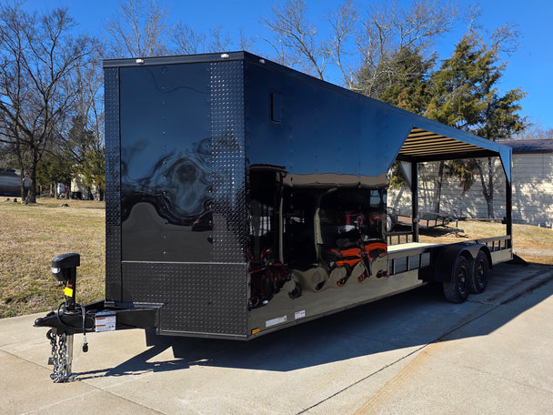 7x26_Black_Hybrid_Enclosed_and_Utility_Trailer_2_5200lb_Axles_10K_GVWR_front_right_angled_picture_with_ramp_down_