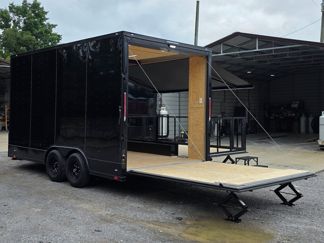 8.5' X 16' Custom Stage Trailer Mobile Event Marketing Promotional Showcase Open back left angle picture 