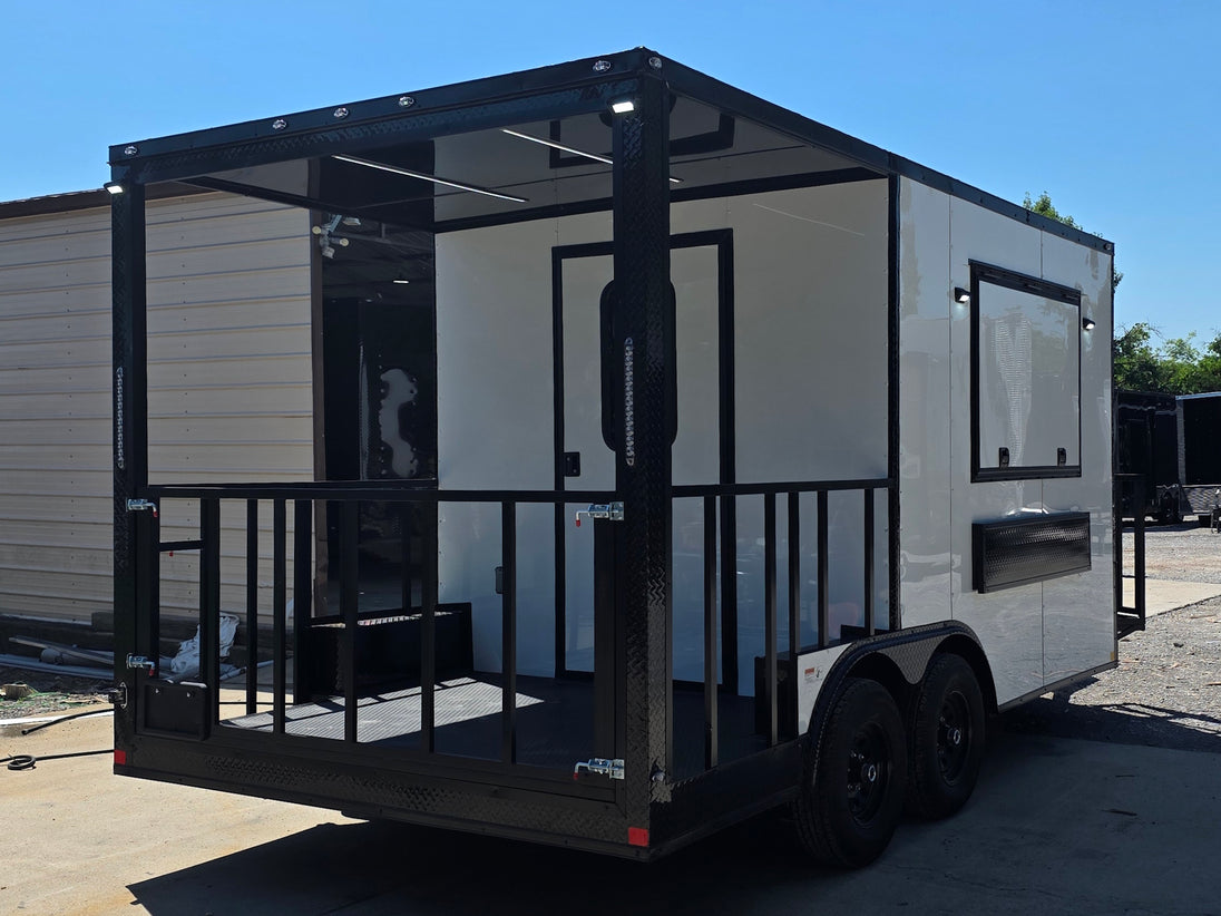 8.5’ X 16’ White Mobile kitchen food event concession trailer w/ 6’ Porch Back right angle view 