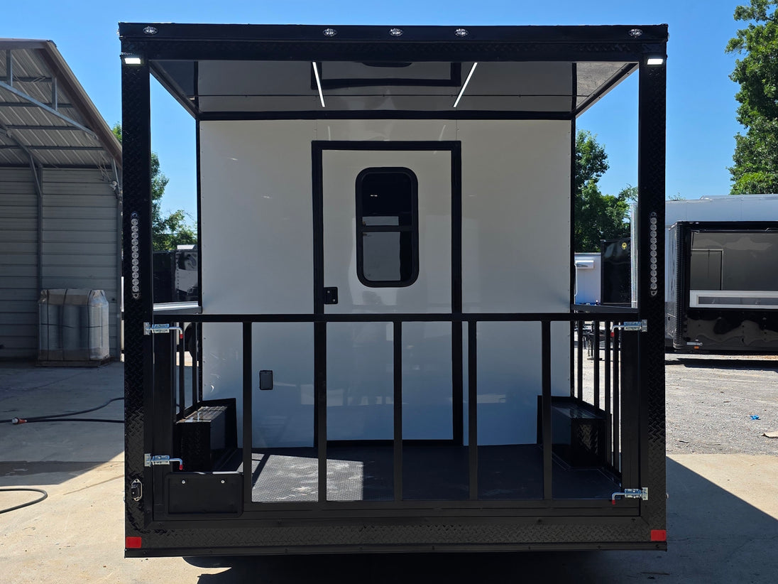 8.5’ X 16’ White Mobile kitchen food event concession trailer w/ 6’ Porch Back side picture 