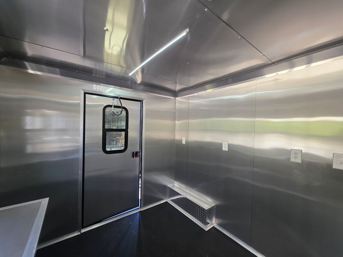 8.5’ X 16’ White Mobile kitchen food event concession trailer w/ 6’ Porch Interior front left angle picture 