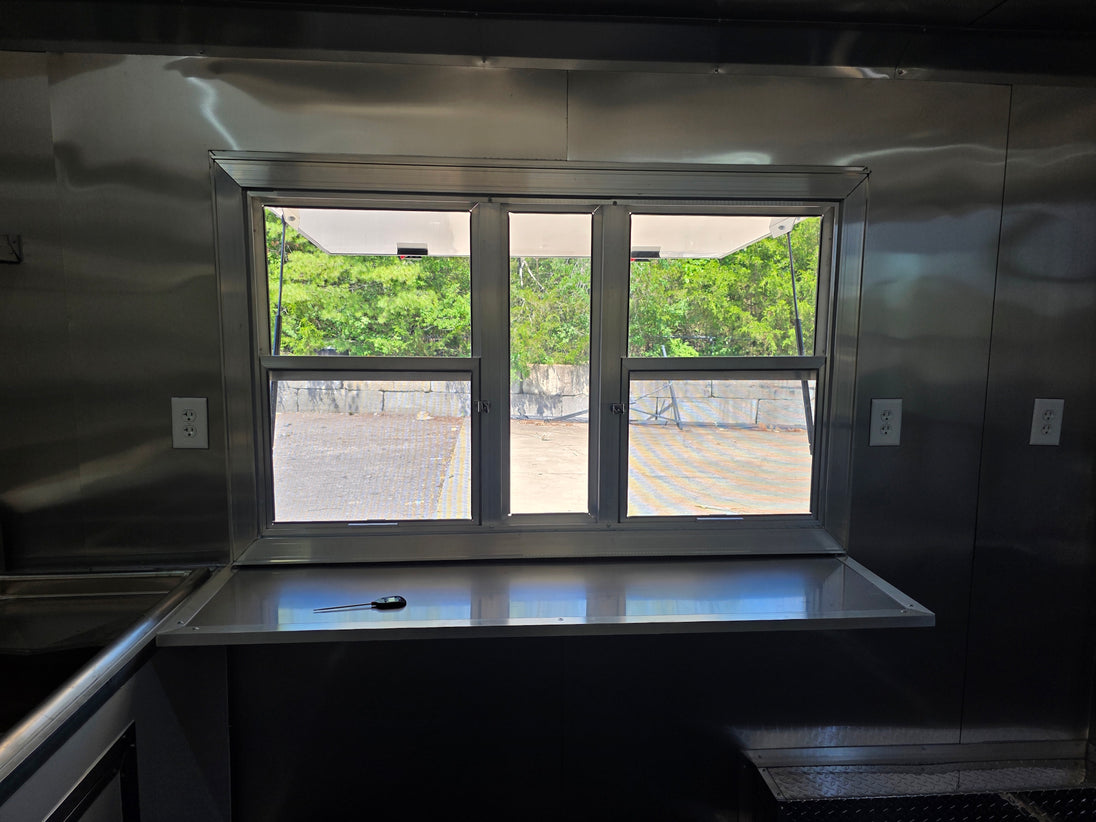8.5’ X 16’ White Mobile kitchen food event concession trailer w/ 6’ Porch Interior window picture 