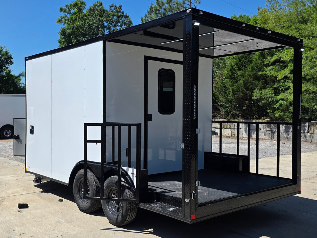 8.5’ X 16’ White Mobile kitchen food event concession trailer w/ 6’ Porch Open Back left angle picture 