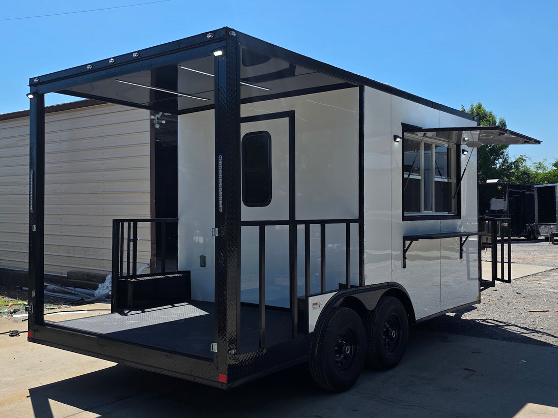 8.5’ X 16’ White Mobile kitchen food event concession trailer w/ 6’ Porch Open back right angle picture 