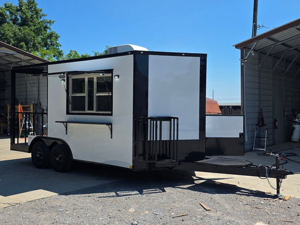 8.5’ X 16’ White Mobile kitchen food event concession trailer w/ 6’ Porch Open front left angle picture 