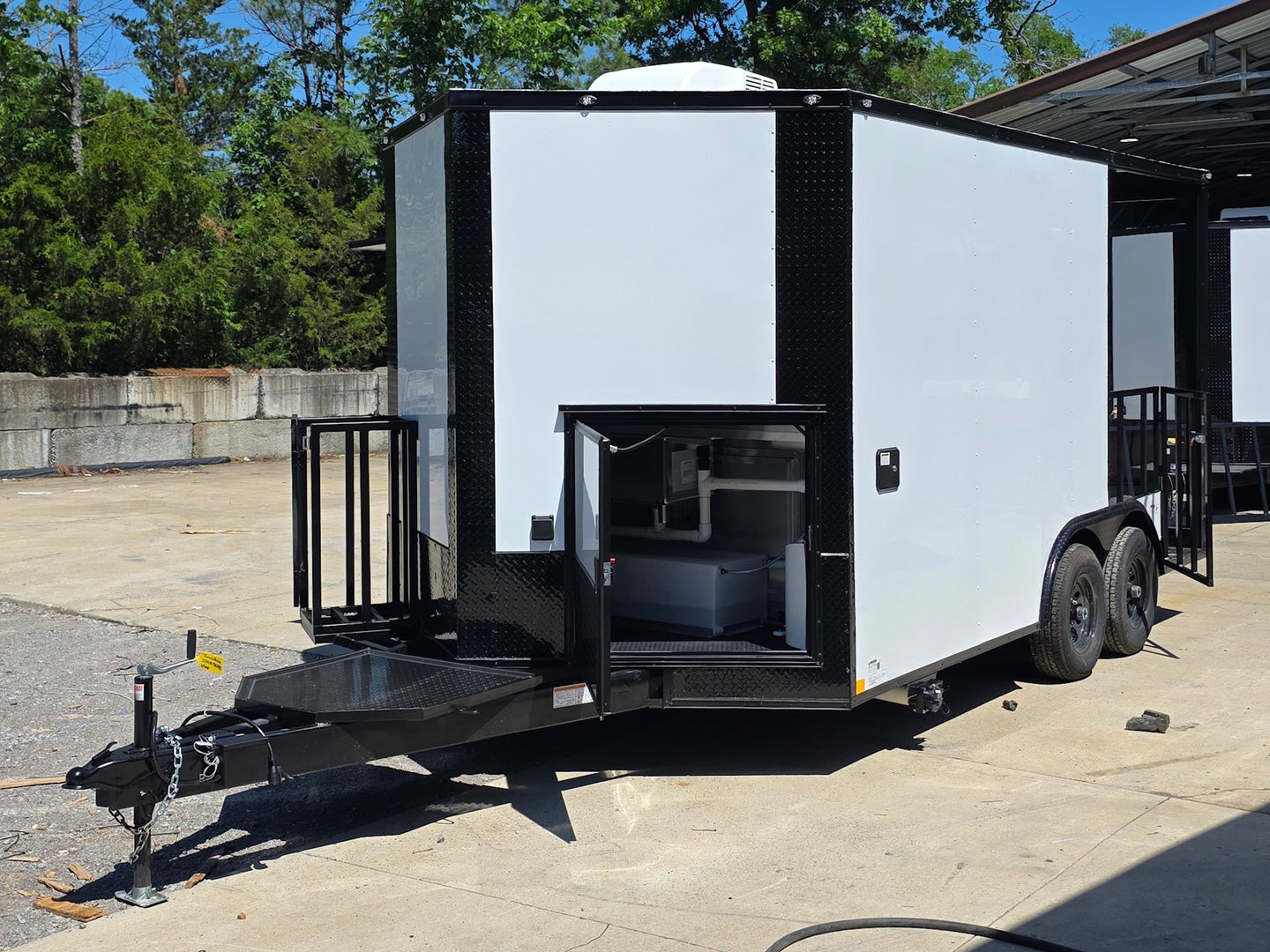 8.5’ X 16’ White Mobile kitchen food event concession trailer w/ 6’ Porch Open front right angle picture 