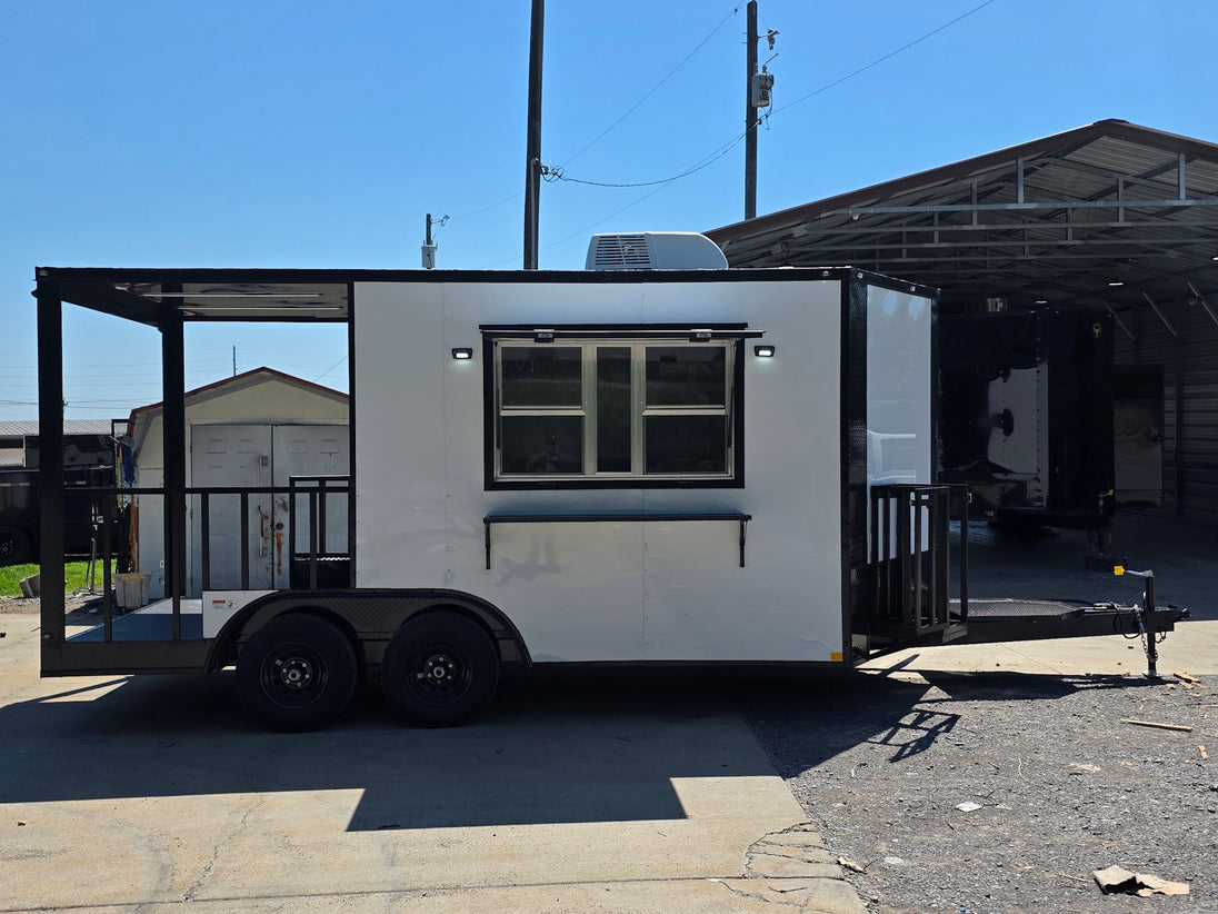 8.5’ X 16’ White Mobile kitchen food event concession trailer w/ 6’ Porch Open left side picture 