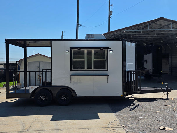 8.5’ X 16’ White Mobile kitchen food event concession trailer w/ 6’ Porch Open left side picture 