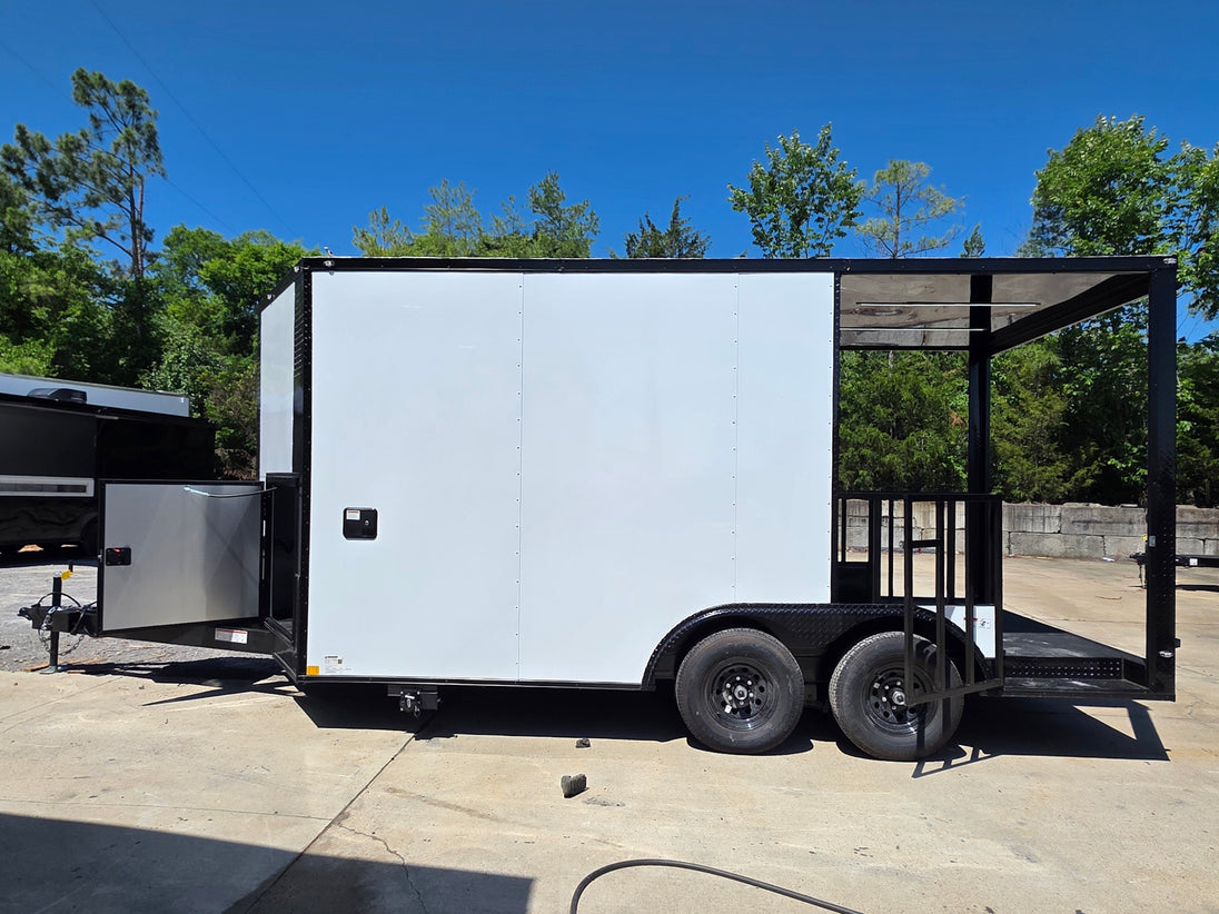 8.5’ X 16’ White Mobile kitchen food event concession trailer w/ 6’ Porch Open right side picture 