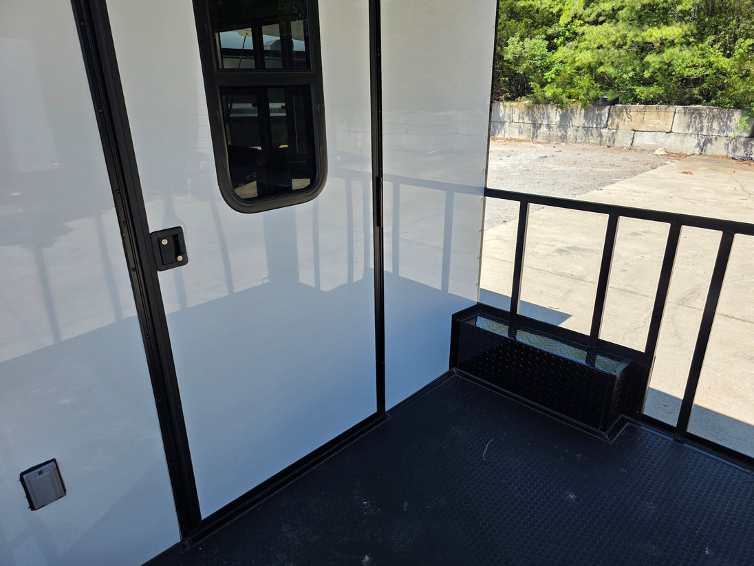 8.5’ X 16’ White Mobile kitchen food event concession trailer w/ 6’ Porch porch Back left angle picture 