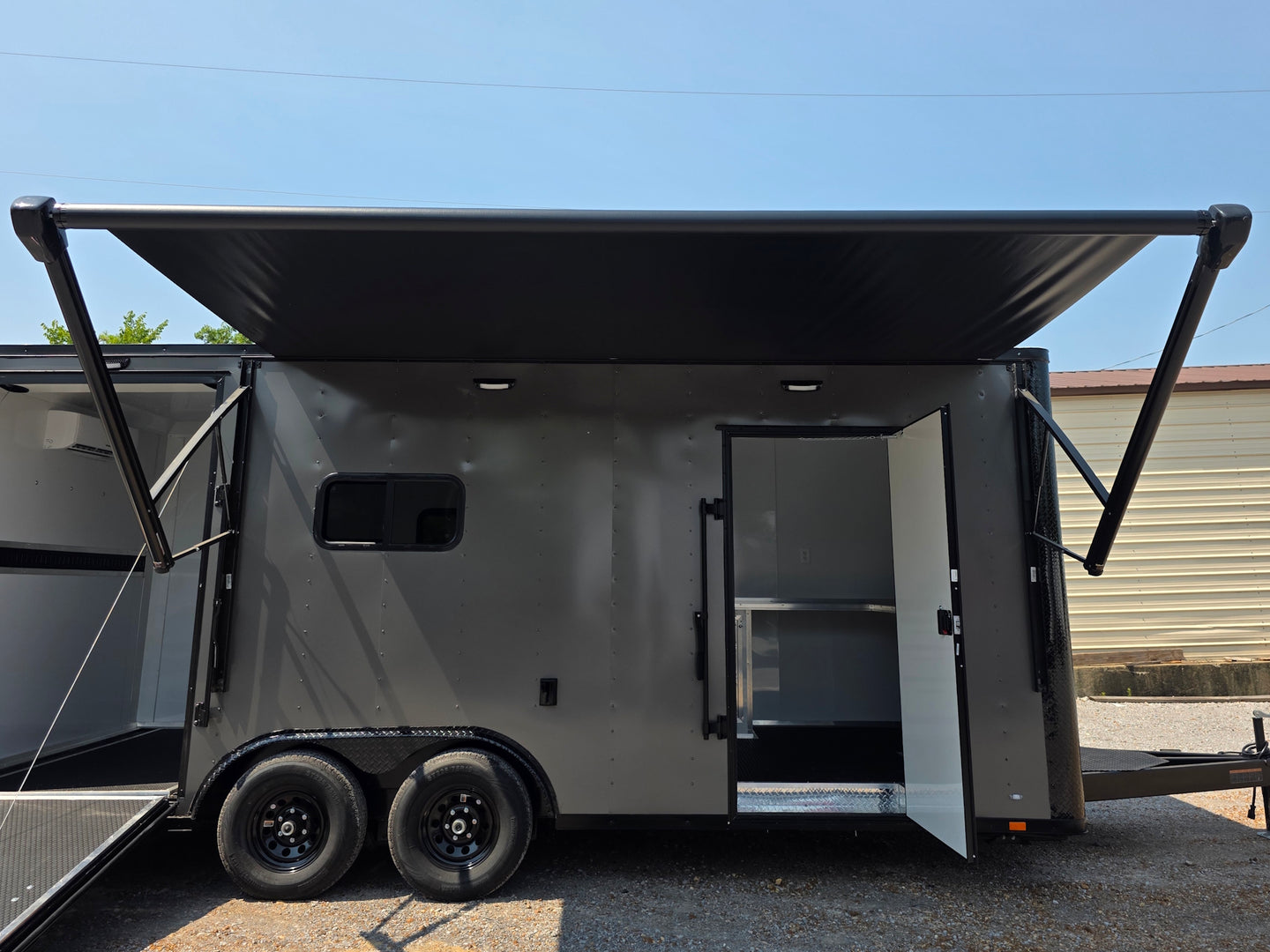 8.5' X 20' Charcoal Grey Custom Enclosed Trailer Mobile Office and Command Center Awning picture 