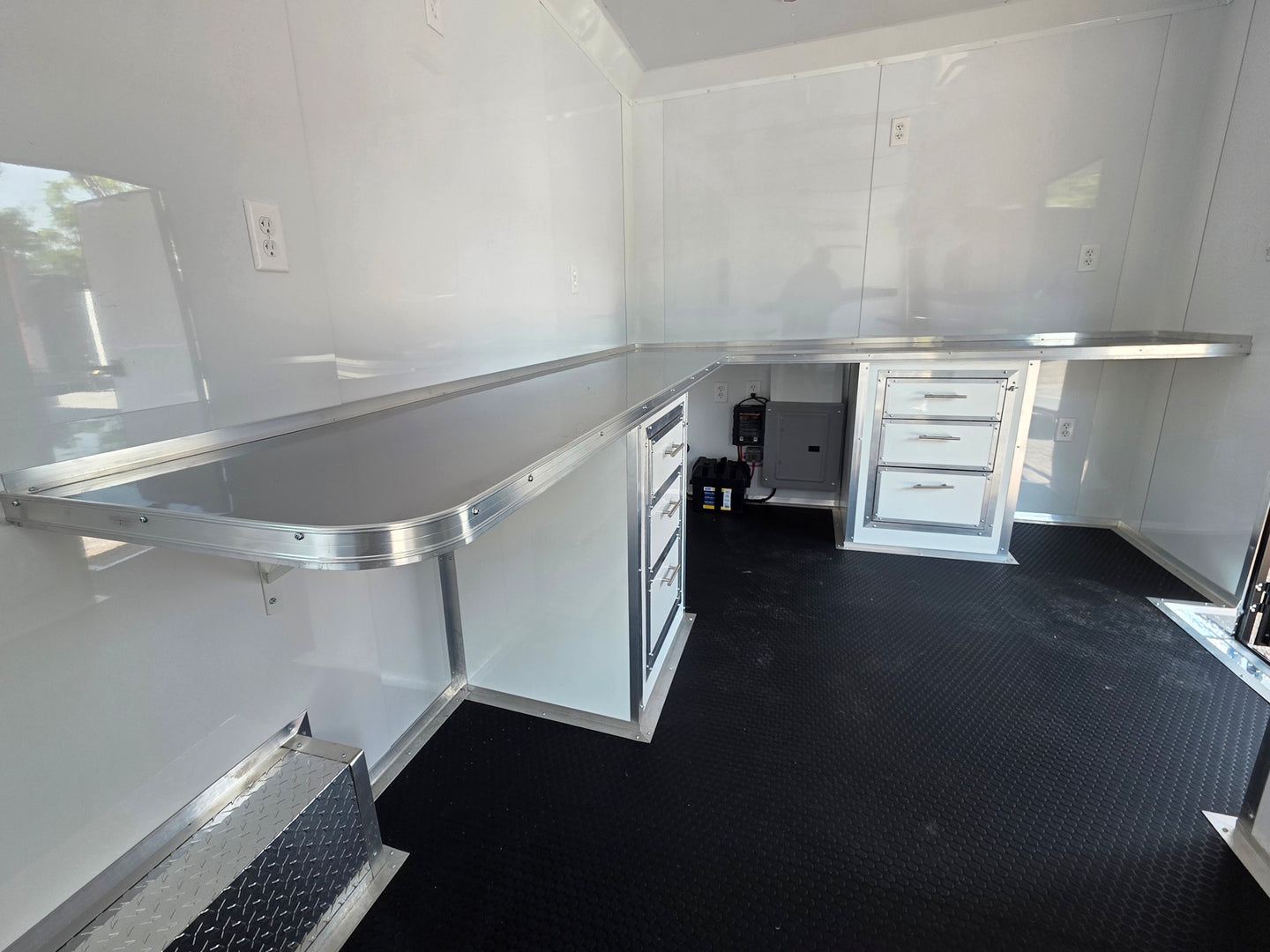 8.5' X 20' Charcoal Grey Custom Enclosed Trailer Mobile Office and Command Center Corner desk picture 