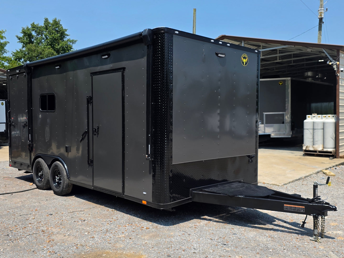 8.5' X 20' Charcoal Grey Custom Enclosed Trailer Mobile Office and Command Center Front left angle picture 
